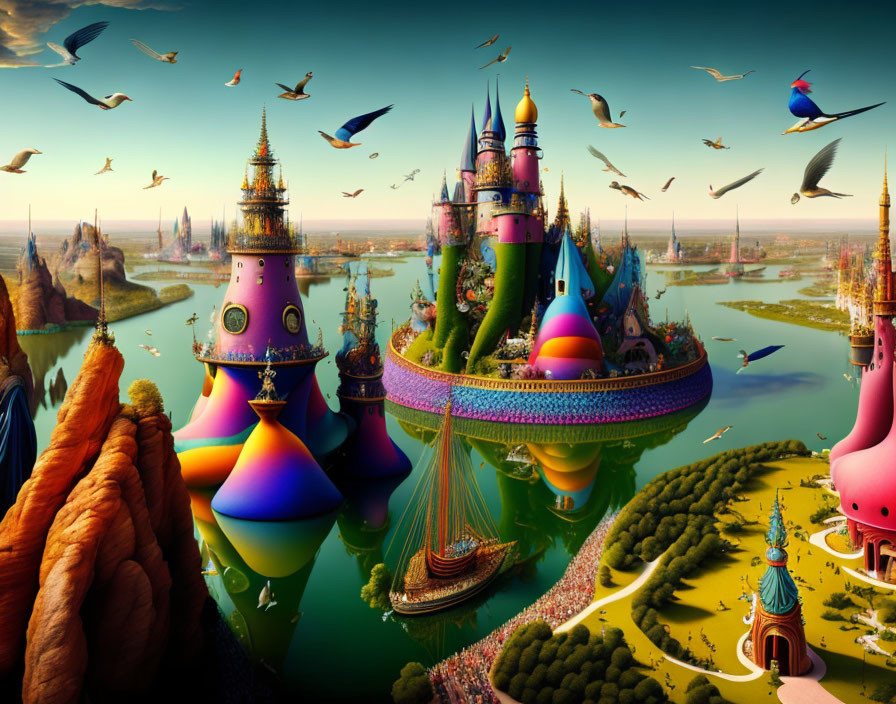 Colorful floating castles, birds, ship, and lush terrain in fantasy landscape