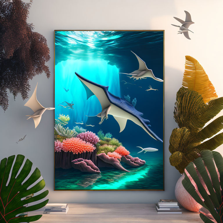 Wall Art: Underwater Scene with Rays, Marlin, Corals, Plants, and Bird Sil