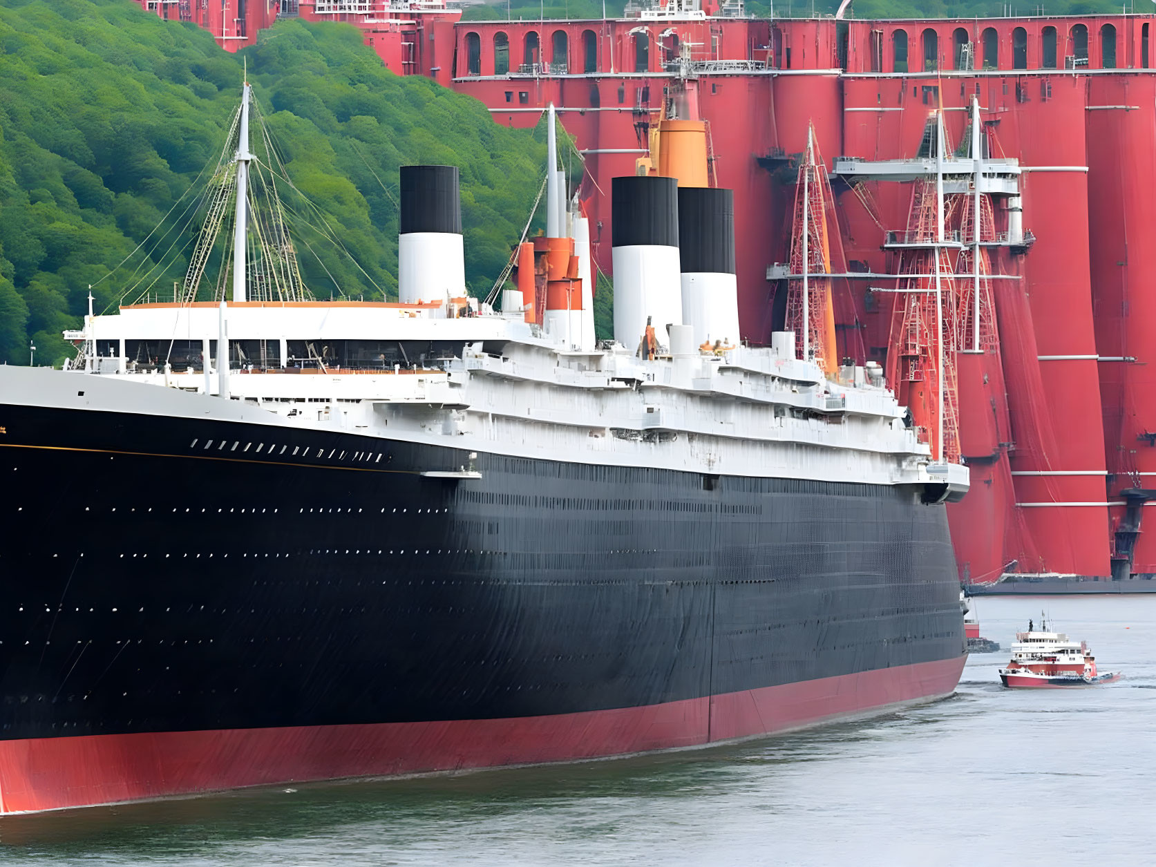 Vintage black ocean liner with red funnels docked near red bridge