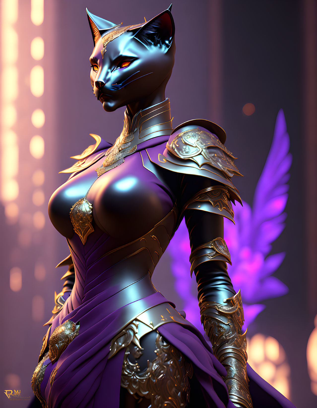 Anthropomorphic feline warrior woman in purple and gold armor.