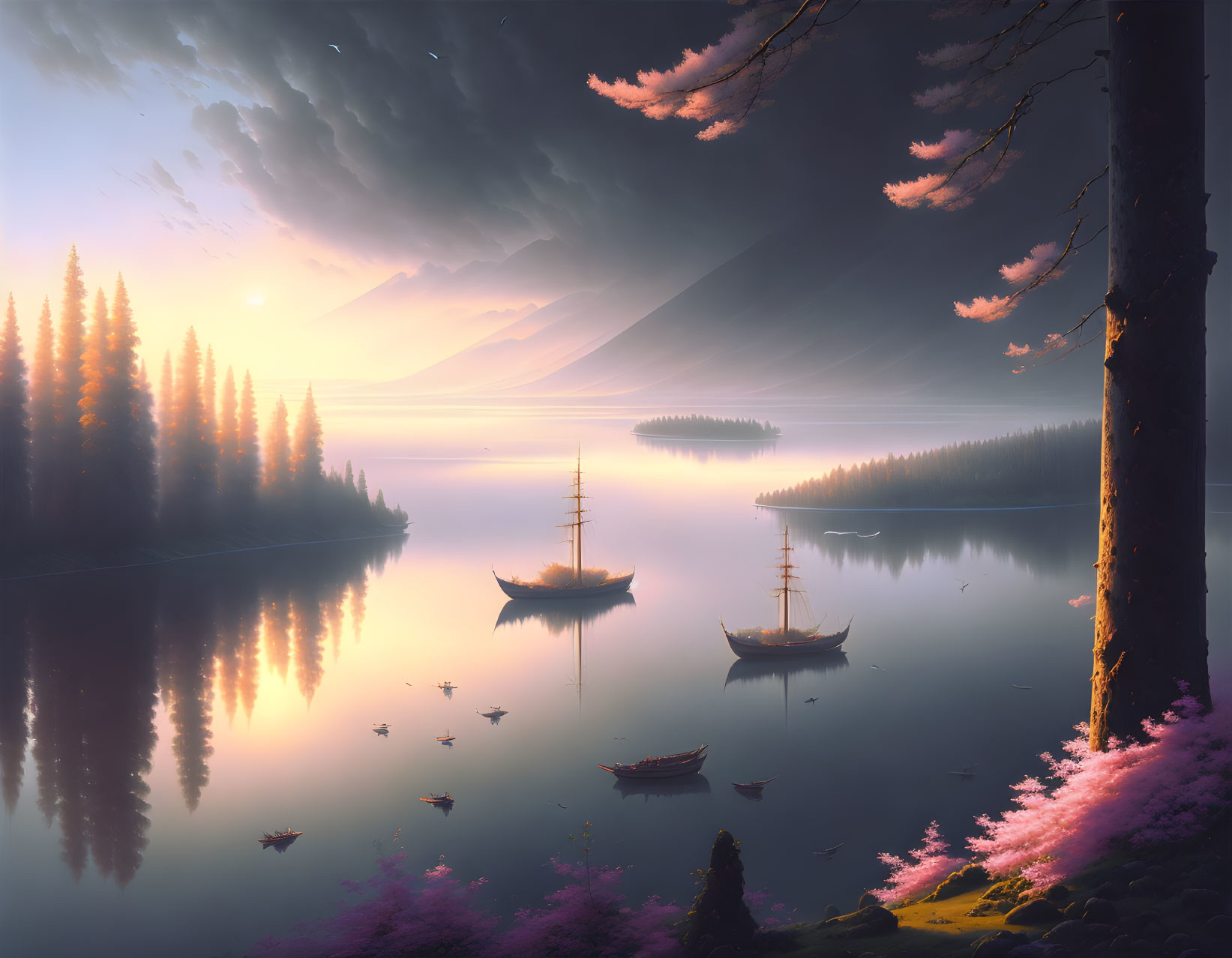 Golden sunrise reflected on serene lake with boats, forested mountains, and pink foliage.