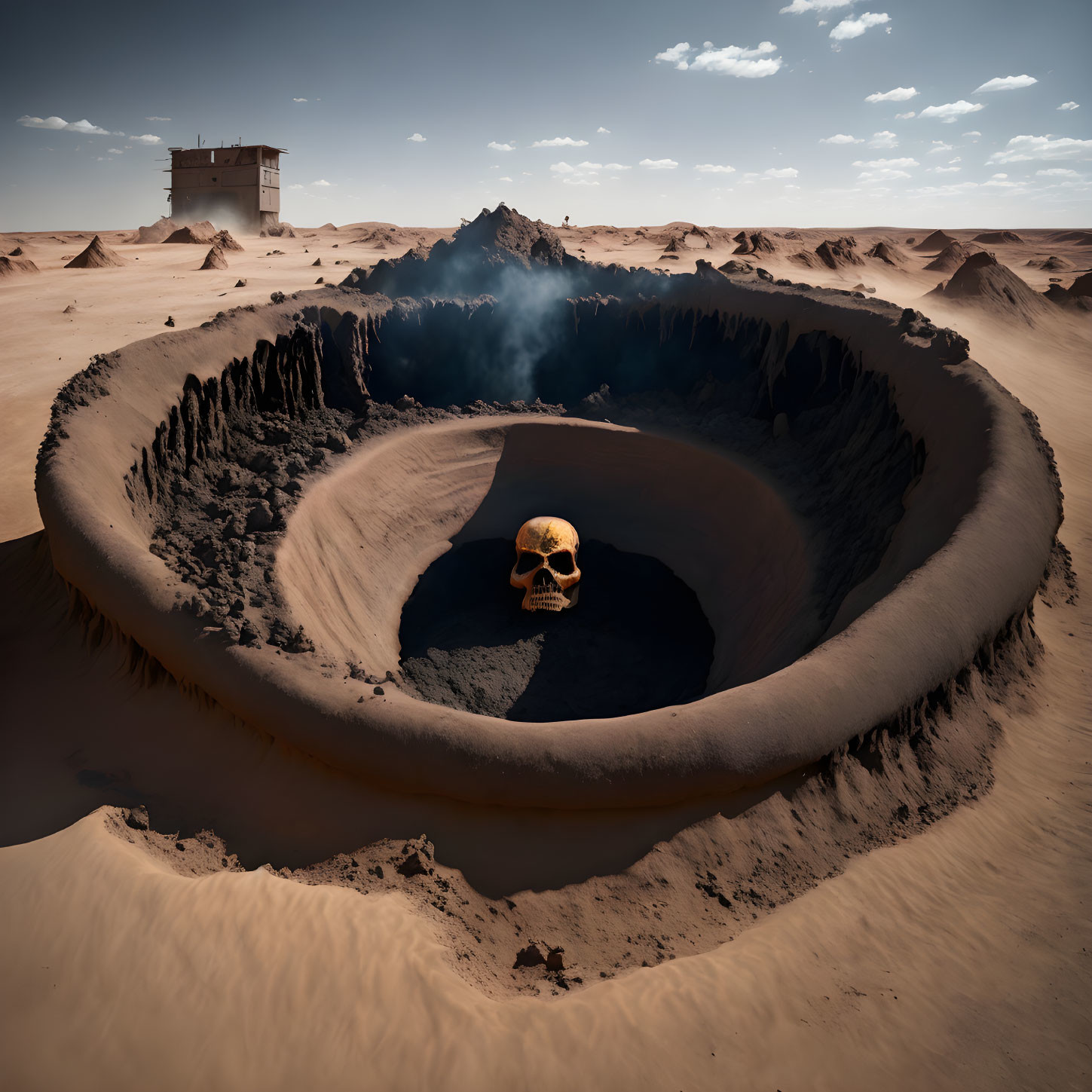 Surreal desert landscape with human skull, smoke, and lone building