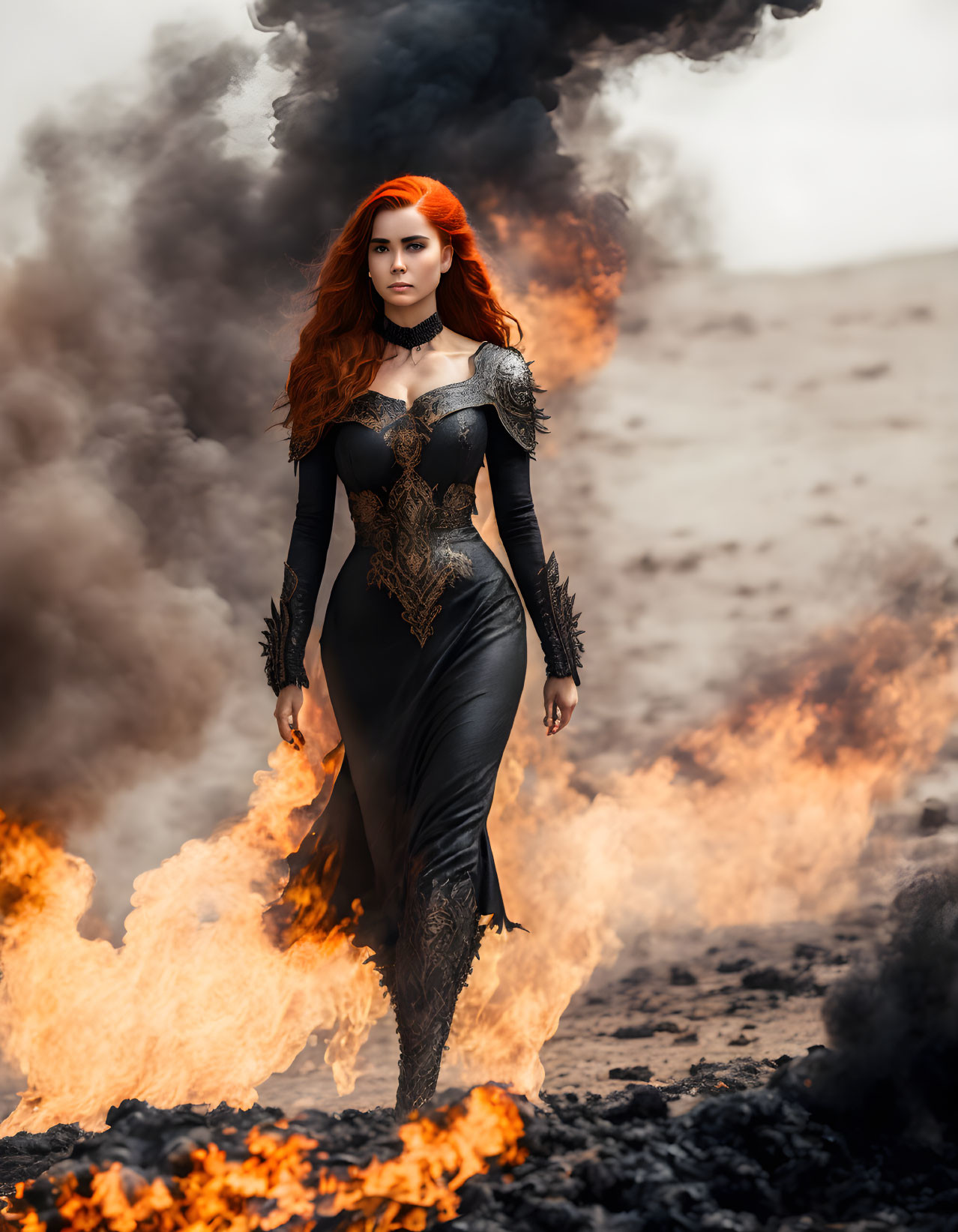 Fiery red-haired woman in black gothic dress surrounded by flames