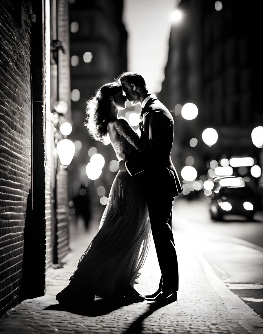 Romantic couple kissing at night on city street