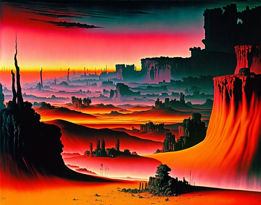 Colorful alien landscape with towering rock formations under red and orange sky