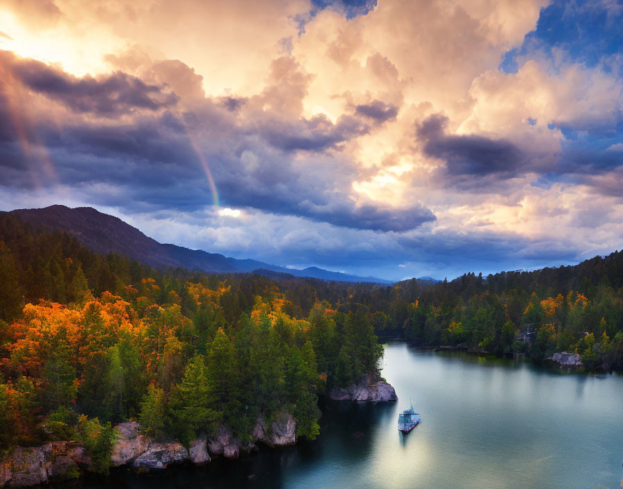 Scenic lake with boat, autumn trees, and dramatic sky.