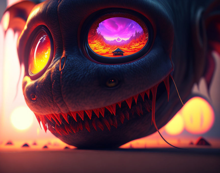 Colorful 3D creature with expressive eyes in fantasy landscape