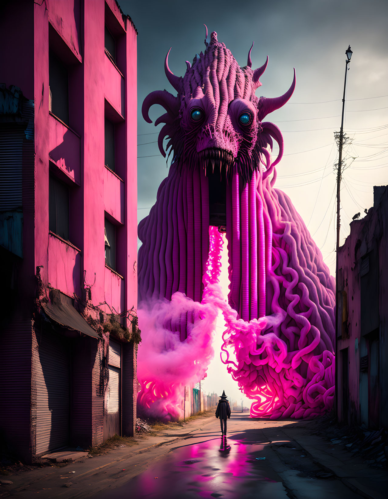 Urban street scene: person approaching giant pink tentacled creature.