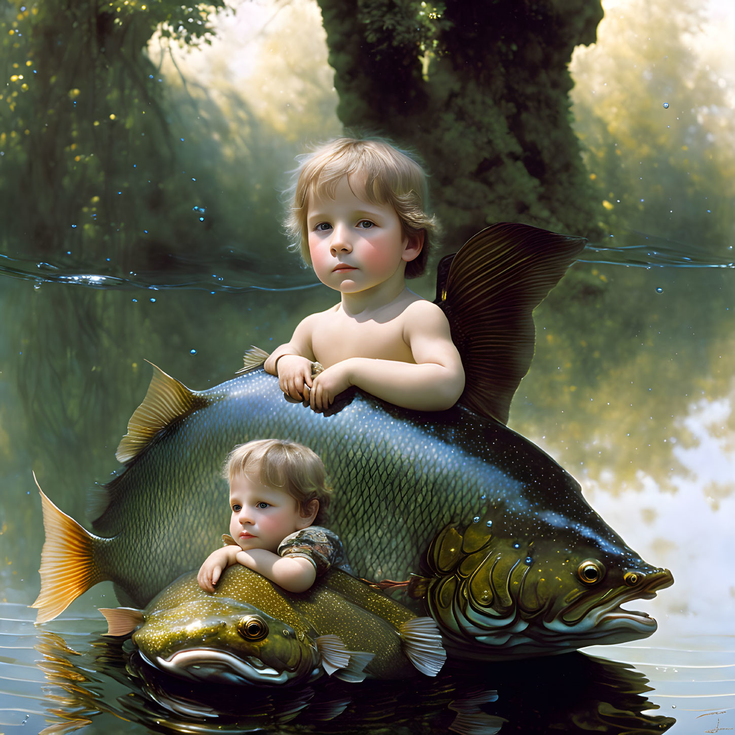 Children sitting on giant fish in mystical forest with smaller fish and sunlight.