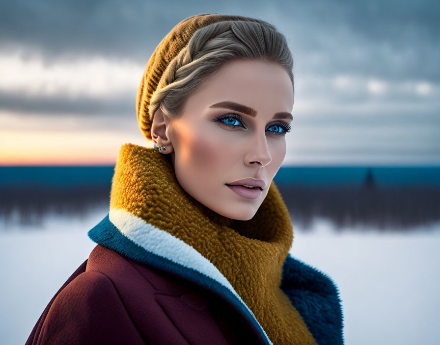 Woman with Braided Hair in Mustard Scarf and Maroon Jacket under Twilight Sky