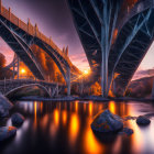 Symmetrical modern bridge at sunset over calm water with autumn trees