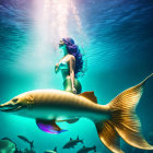 Red-Haired Mermaid Swimming with Fish in Vibrant Underwater Scene