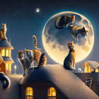 Several cats on thatched roofs under full moon night sky