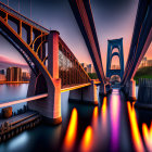 Red bridge over calm water at sunset with vivid sky and lamp posts