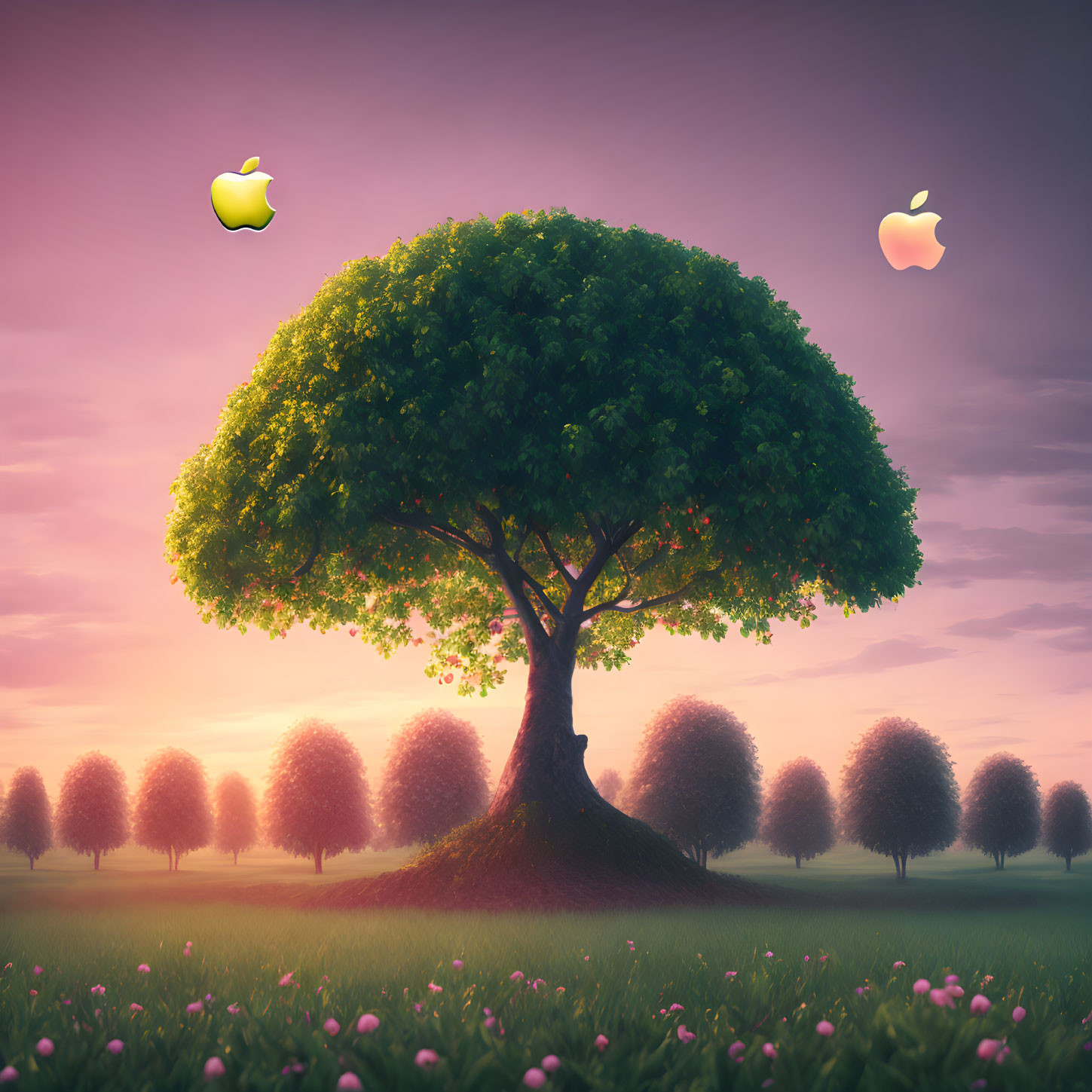 Surreal landscape with glowing apple tree at sunrise or sunset