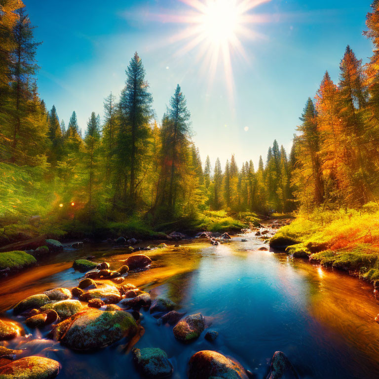 Autumn trees with sunlight on rocky streambed