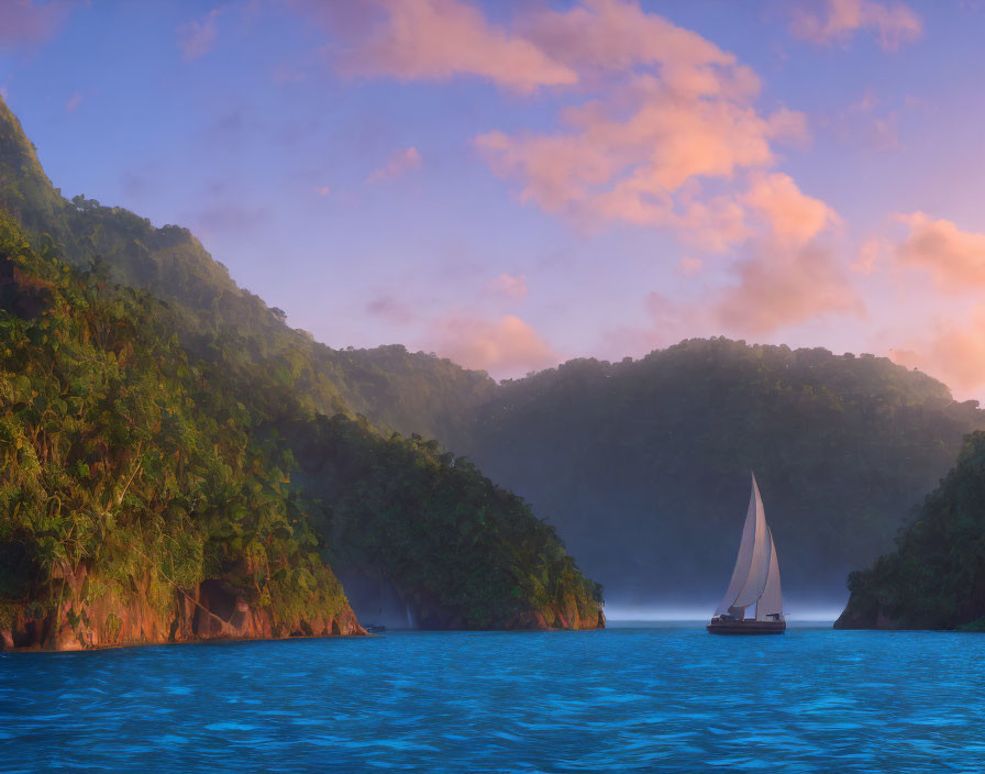 Sailboat sailing near lush cliffs at sunrise or sunset