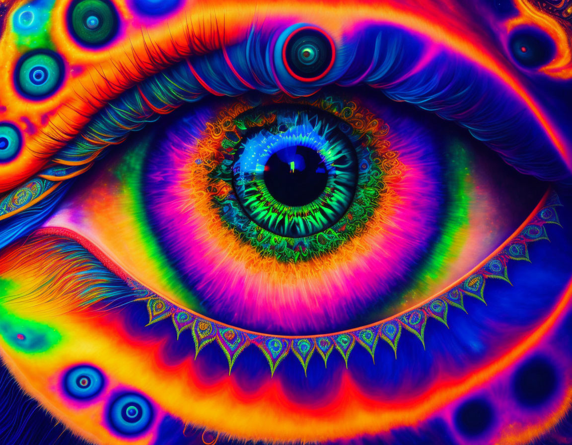 Colorful psychedelic eye with fractal patterns in surreal image