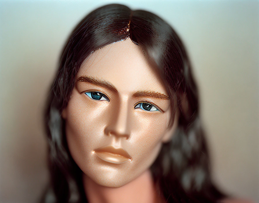 Realistic female mannequin head with detailed features and blue eyes