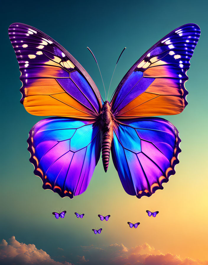 Colorful Butterfly with Purple and Orange Wings on Gradient Sky Background