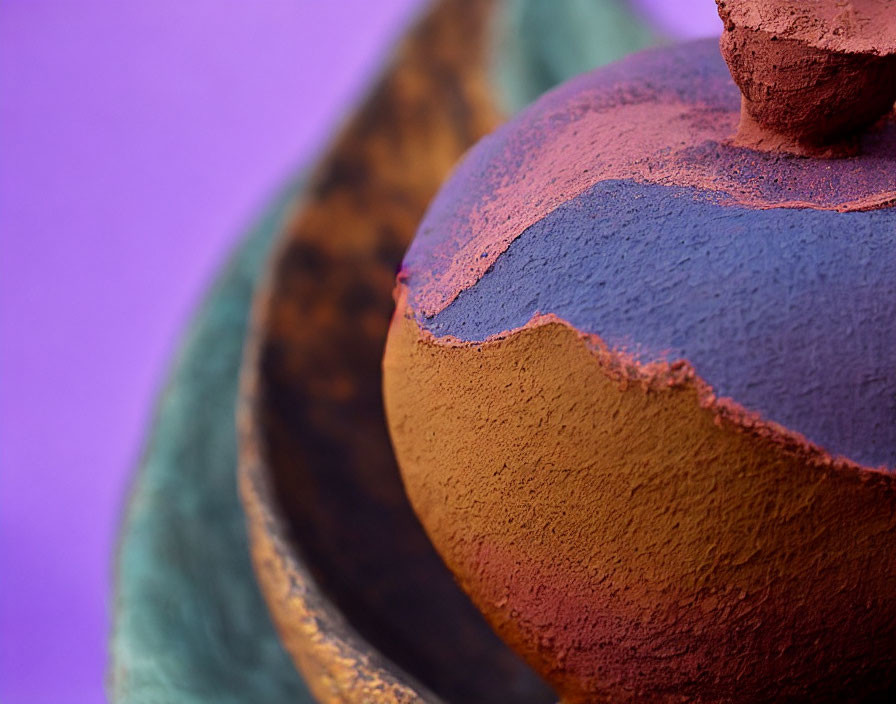 Colorful Ceramic Object with Smooth Lines and Textures in Purple, Blue, Green, and Brown on