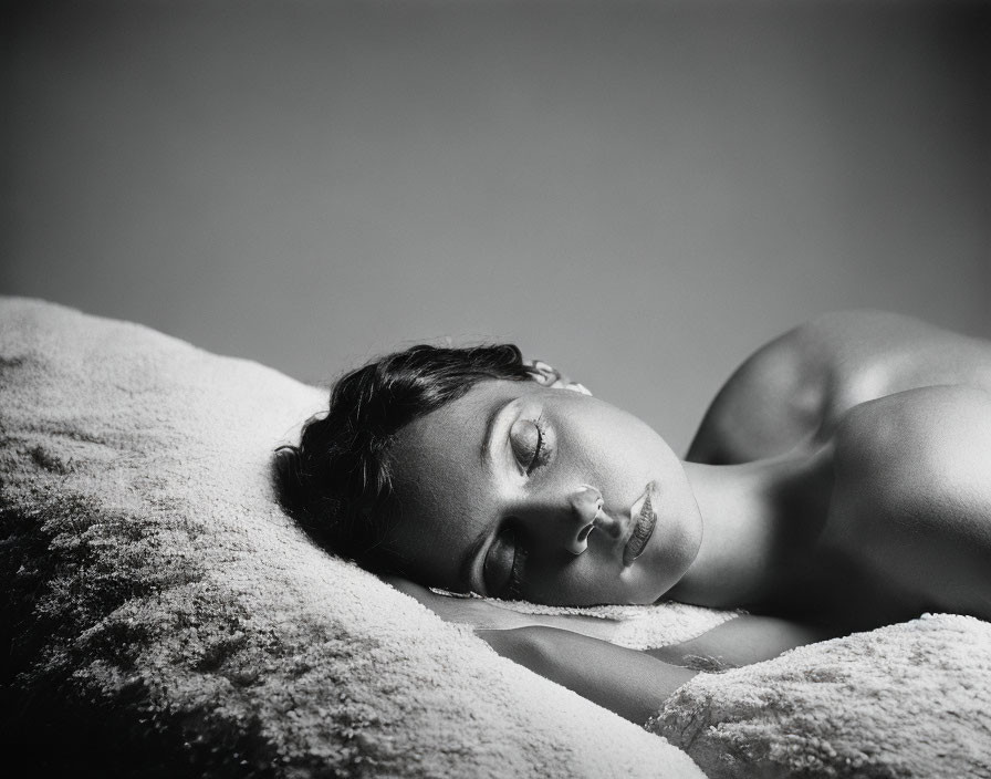 Black and white image of serene woman lying with eyes closed