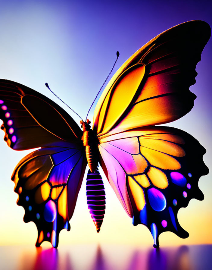 Colorful Butterfly with Orange and Purple Wings on Sunset Background