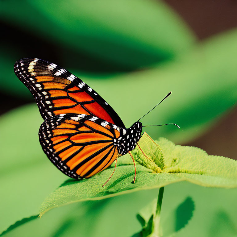 Vibrant monarch butterfly on green leaf with orange, black, and white wings