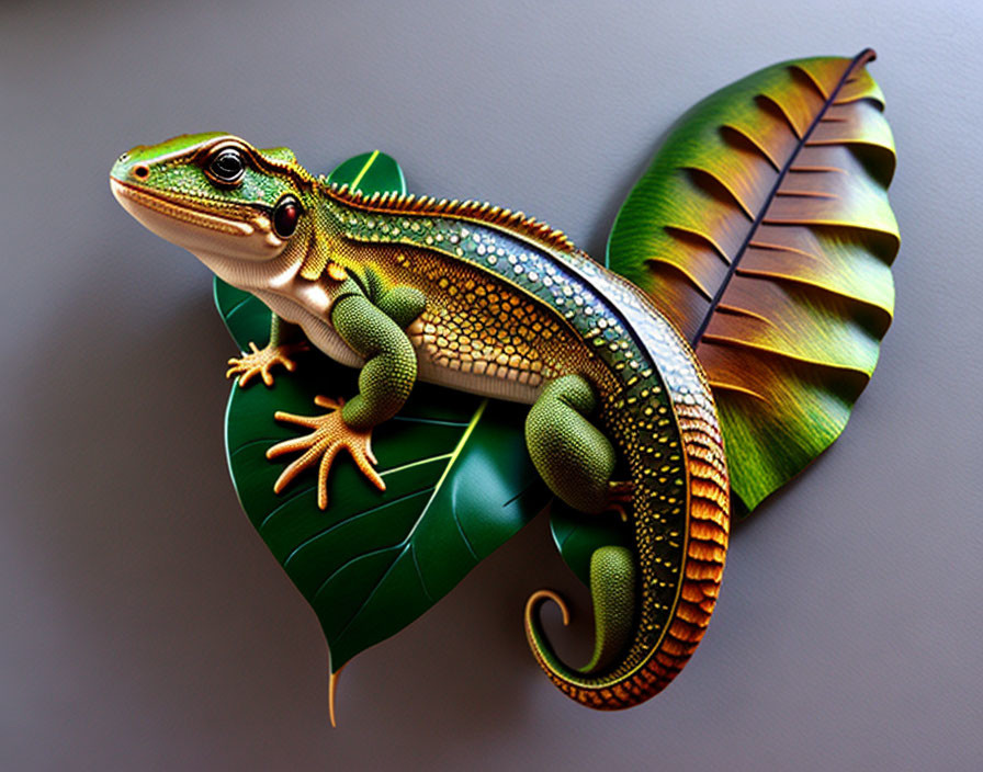 Colorful Lizard Illustration Blending with Leaf on Grey Background