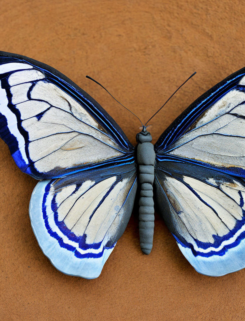 Blue and White Butterfly with Open Wings on Brown Background