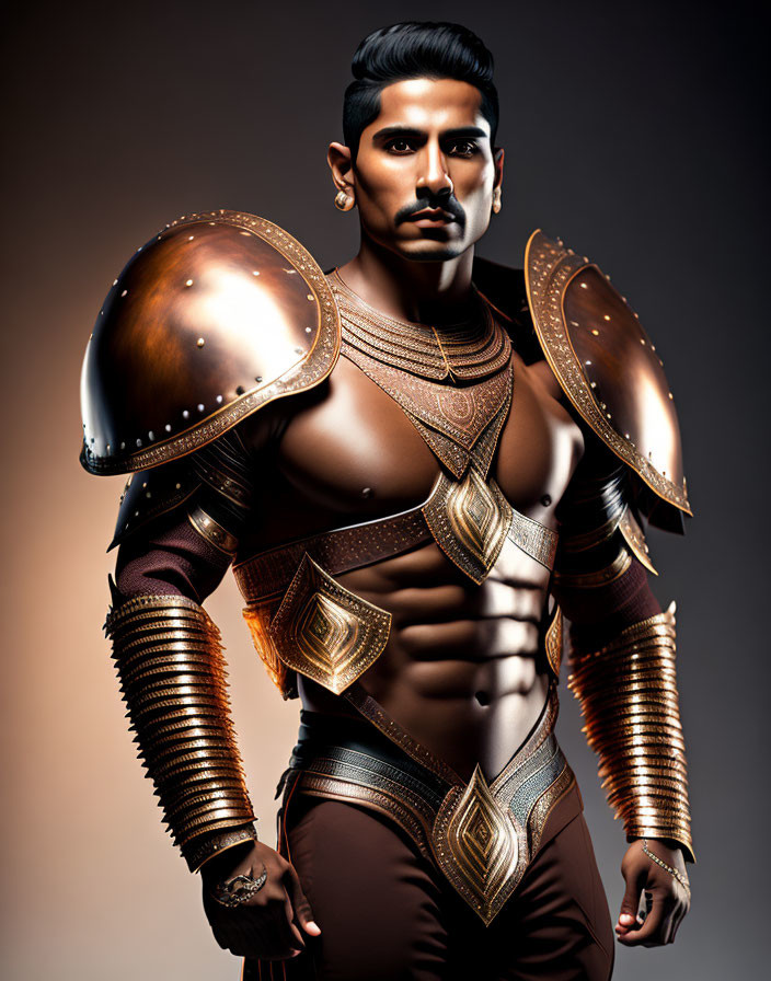 Muscular man in detailed bronze medieval armor on warm background