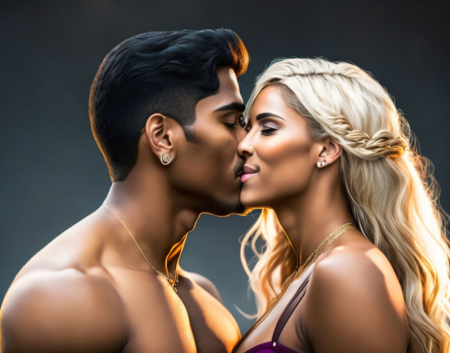 Man and woman sharing intimate moment with stylish hair and earrings on dark background