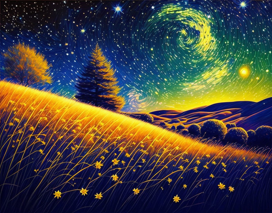 Vibrant night landscape painting with swirling starry sky, golden fields, trees, and glowing flowers