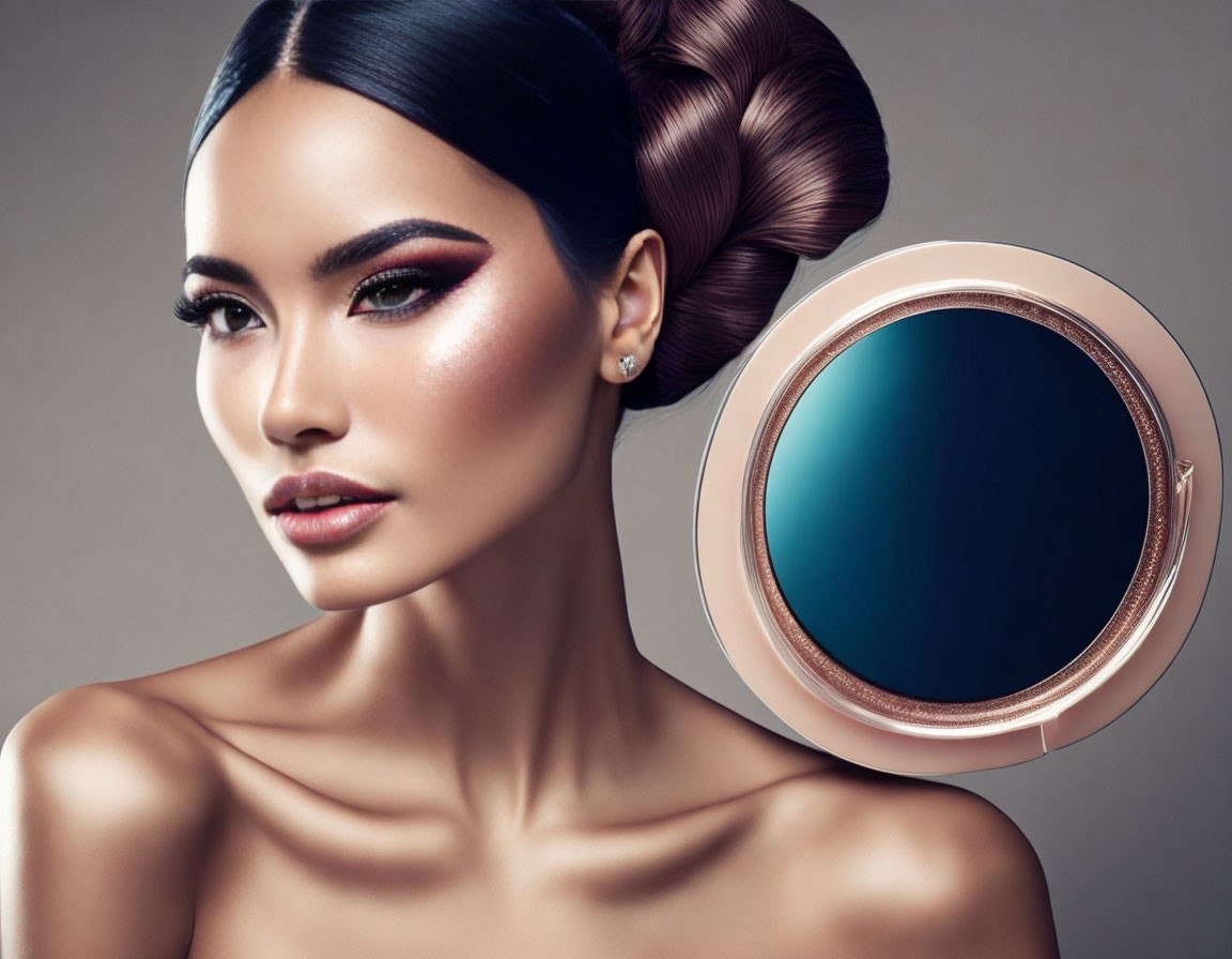 Woman with Sleek Hair and Bold Makeup Next to Mirrored Compact