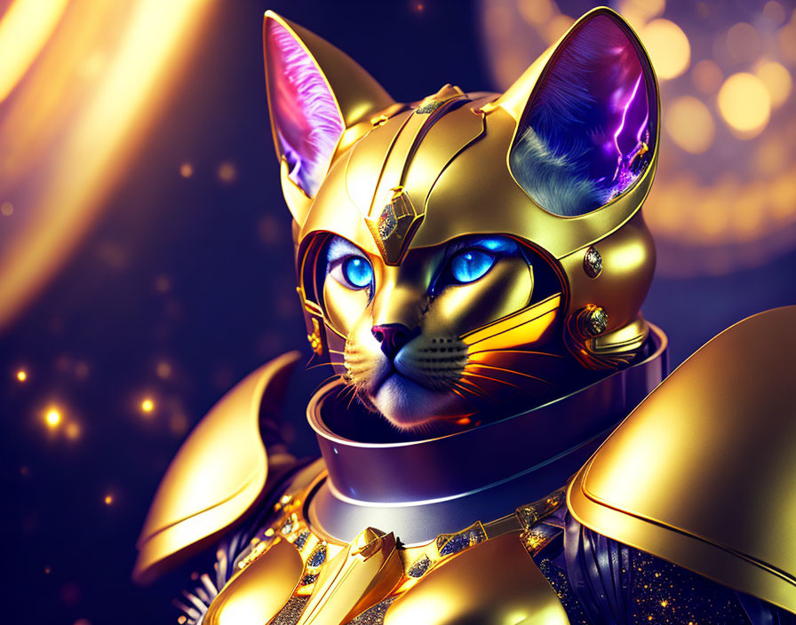 3D illustration of cat in golden armor with blue eyes on glowing background