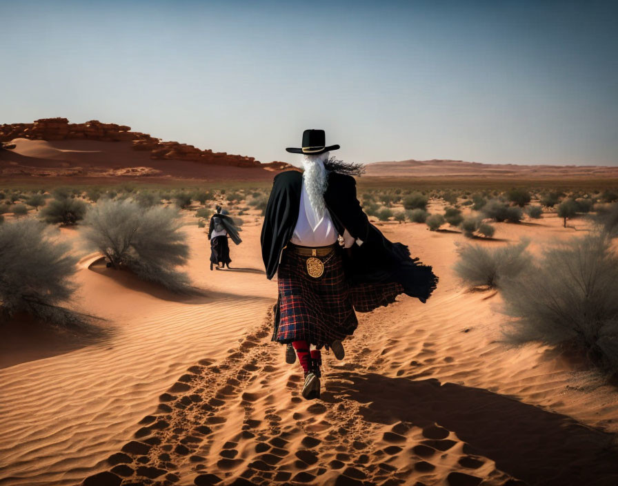 Two individuals in eclectic attire walking in desert landscape with dunes and shrubs under clear sky