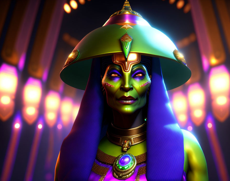 Vibrant 3D digital illustration of a green-skinned female figure with elaborate hat and jewelry