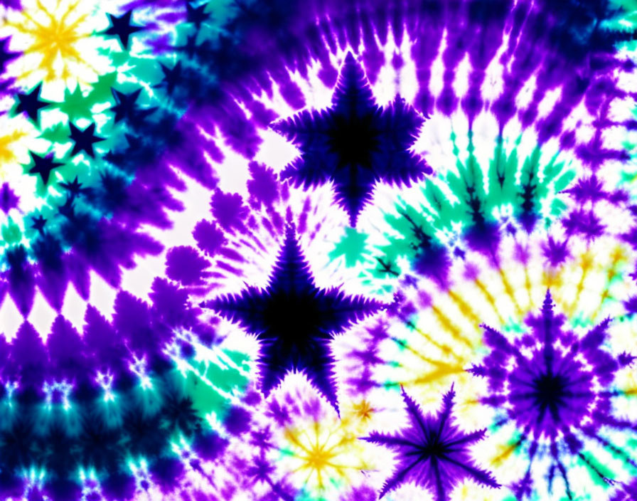 Colorful Tie-Dye Pattern with Starburst Effects in Purples, Blues, and Yell