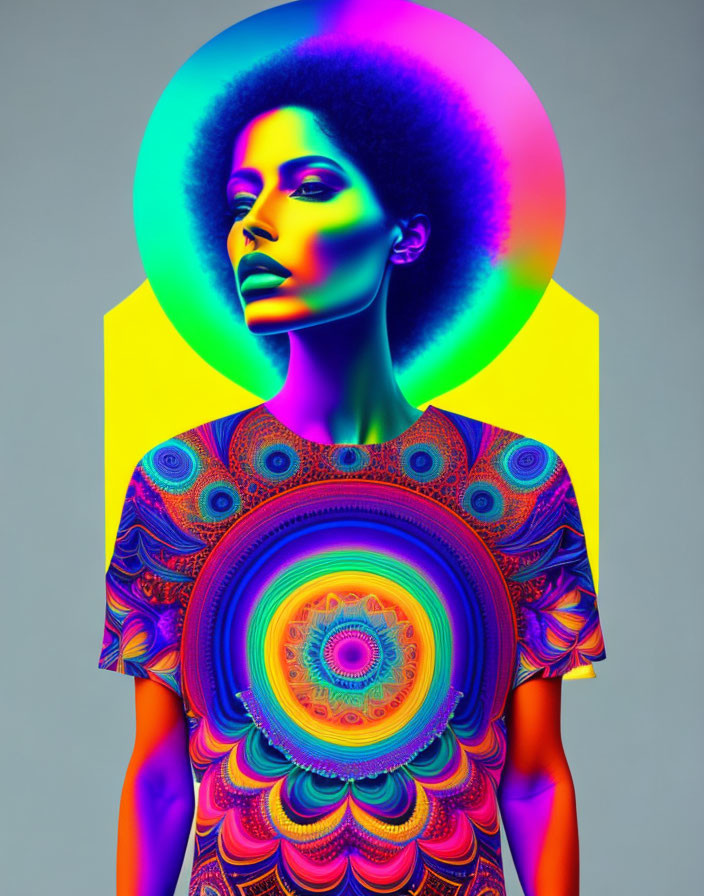 Vibrant digital portrait of a woman with colorful hair and patterned clothing