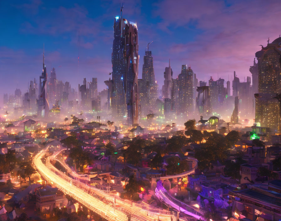 Futuristic cityscape at twilight with neon lights