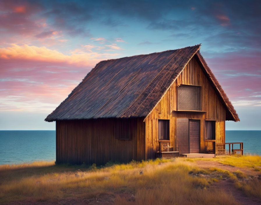 Seaside wooden hut with thatched roof at sunset