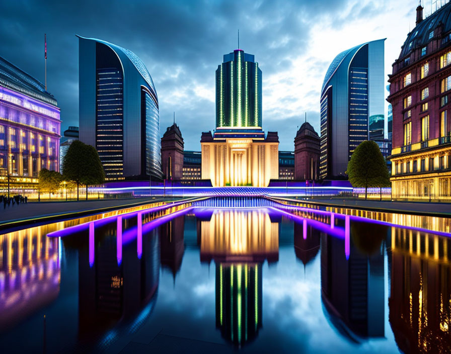 Twilight cityscape with modern skyscrapers and classical building reflected on serene water surface.