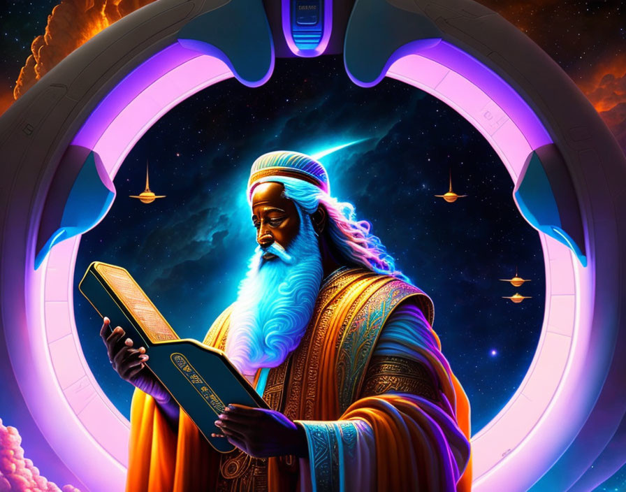 Illustration of bearded man in robes with cosmic background