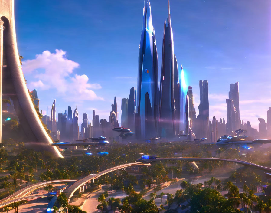 Futuristic cityscape with skyscrapers, lights, greenery, and flying vehicles