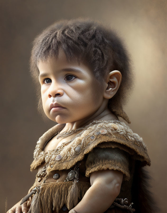 Serious young child in furry costume against blurred background