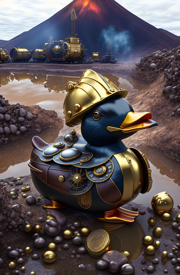 Steampunk-style rubber duck with gears on volcanic landscape