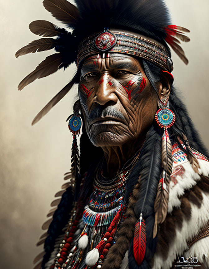 Traditional Native American Man in Feather Headdress and Face Paint