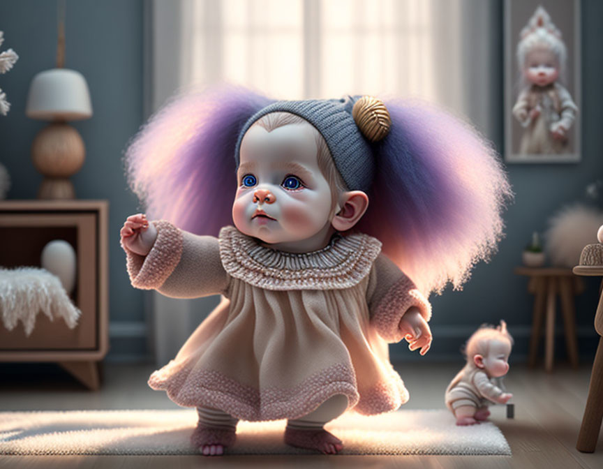 3D illustration of a baby with blue eyes and purple hair walking in a cozy room