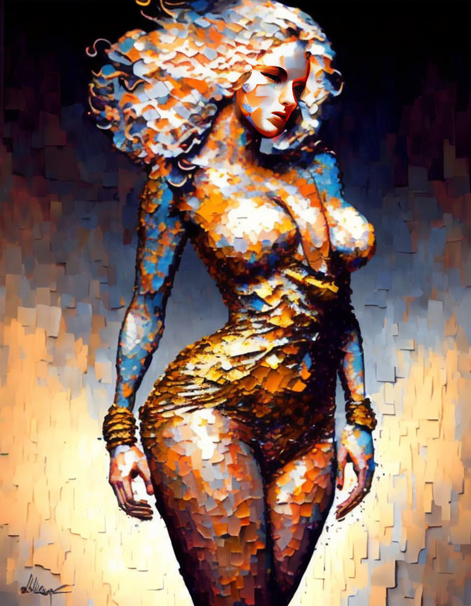 Stylized woman in vibrant orange and blue hues with mosaic texture