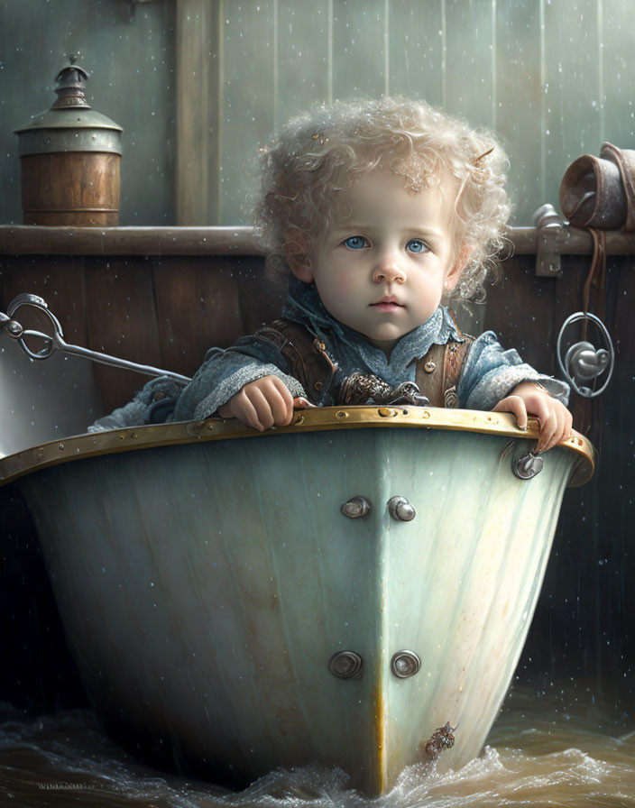 Curly-Haired Toddler in Boat-Shaped Tub Surrounded by Water and Rain